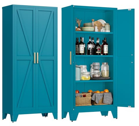 LCAOPC 61 Tall Metal Storage Cabinet with 2 Doors and 3 Adjustable Shelves, 4-Tier Kitchen Pantry Storage Cabinet for Kitchen, Living Room, Dining Room and Office, Blue