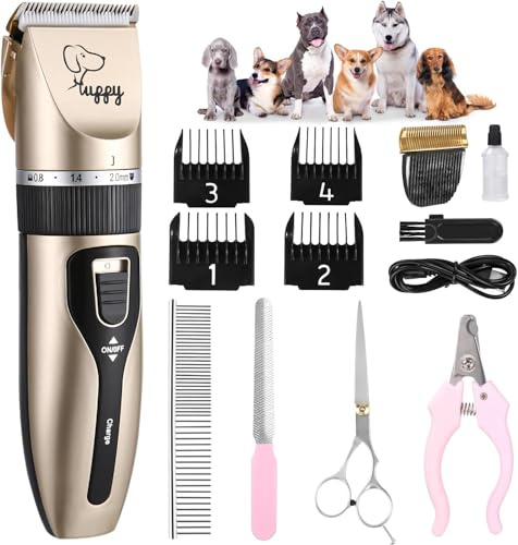 FAOKZE Cortapelos para Perros, Cortapelo Eléctrico Profesional para Mascotas, Cuchillo Fijo de Titanio, Bajo Ruido, Recargable, Mascota Máquina de Aseo con 4 Peines Guía para Perros Gatos Mascotas