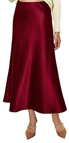 Vossmi Mujer Falda Midi de Satén Elegante A Línea Faldas Cintura Alta Largo Falda Seda Color Liso Bodycon Lápiz Oficina Informal Skirt Invierno Burdeos,M