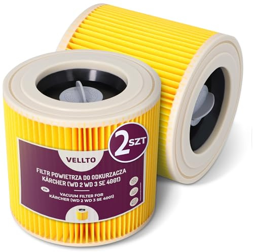 2x Vellto Filtro De Aire Para Aspiradora Compatible Con Kärcher WD3 WD2 SE 4001 MV2 MV3 NT27 A2004 Reforzado Potente Redondo Papel Aspirado Repuesto Polvo Polen Alérgenos