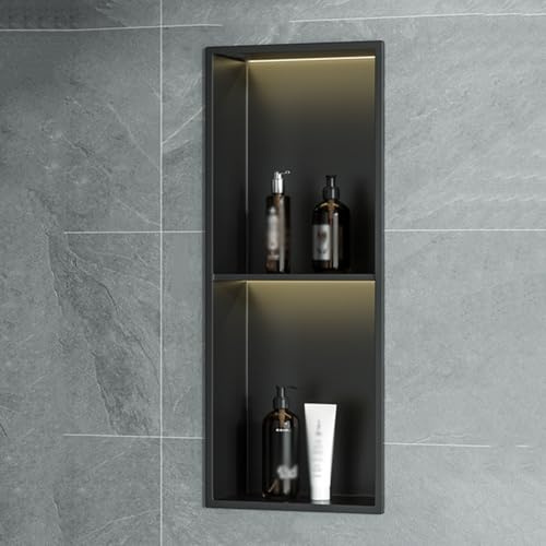Nicho de ducha integrado con luz LED, estante de almacenamiento de doble capa para organización de baño