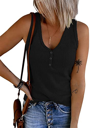 Tuopuda Débardeur Femme Haut Chic col en V Débardeurs Décontracté T-Shirts sans Manche Chemises Boutonné en Tricot Côtelé Gilet Sexy Printemps Eté Tunique Crop Tops