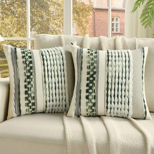 Ystyle Chenille Federe Cuscini Divano 50x50 2 Pezzi, Federa Cuscino Decorativa a Strisce con Texture Trapuntata Soffice, Boho Copricuscino Divano per Divano Soggiorno Camera, Verde Scuro