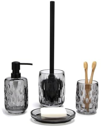 BM Set Accessori Bagno in Vetro 4 Pezzi – Dispenser Sapone, Porta Spazzolino, Porta Scopino WC e Portasapone – Design Elegante e Moderno per Bagno e Toilette (Nero)