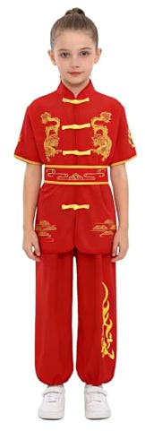 Nyeemya Kinesisk kostym barn traditionella uniformer kampsport kostym med drakbroderi Kung Fu Wushu kostym Qi Gong Tai Chi röd vinge kanin 9–10 år