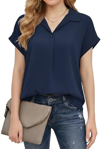 Enmain Women's Blouses Short Sleeve Summer V Neck Chiffon Tops for Women UK Work Casual Ladies Business Collared Shirts Solid