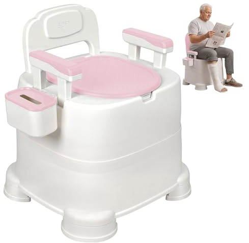 Portable Commode Toilet Chair for Adults – Detachable Arms, Removable Bucket, Slip-Resistant Bedside Potty for Elderly, Disabled, or Pregnant Women Pink