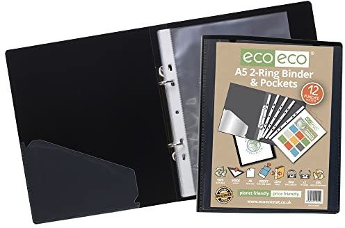eco-eco A5 65% Recycelt 2-O-Ring-Schwarz-Farben-Präsentation Ringbuch mit 12 Multi Prospekthüllen eco045