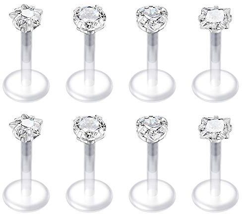 Mayhoop 8 Stk Lippenpiercing Labret Monroe Piercing Stecker Set Bioflex Flexibler Tragus Helix Ohrpiercing Herz, Stern, Rund und Quadratisch CZ