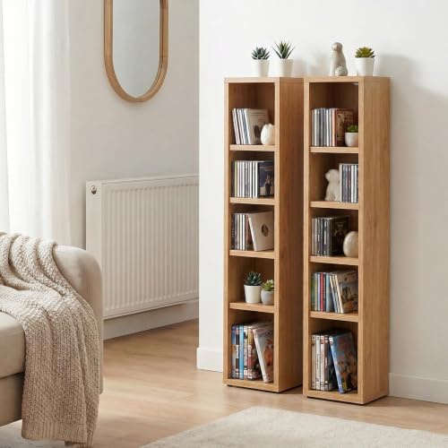 IDIMEX Etagères modulables Musique pour CD et DVD, Lot de 2 Meubles de Rangement en Colonne avec 10 Compartiments, en mélaminé décor chêne Sauvage