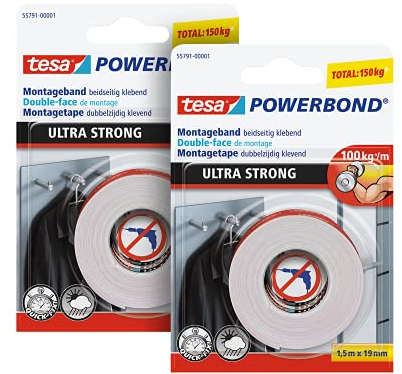 tesa Powerbond ULTRA STRONG en paquete de 2 - Cinta de montaje de doble cara extra fuerte para montaje permanente en exteriores e interiores - 1.5 m