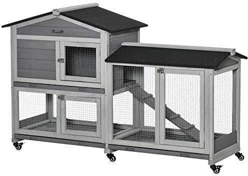 PawHut Clapier Bois pour Lapins Petit enclos Animaux Villa pour Lapin sur roulettes 2 étages 3 Plateaux coulissants 157,4 x 53 x 99,5 cm Gris