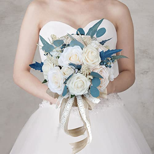 Fouriding Bouquet de mariage artificiel de style vintage avec roses blanches et bleues (grand)
