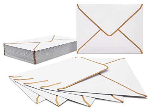 50 Stücke Einladungumschläge, Weiße Luxuriöser Umschläge 18.5x13.5cm Miniatur Kuverts 5x 7 Umschläge mit V-Klappe Briefumschläge Goldfolienrand für Hochzeiten, Einladungen, Party, Grußkarten