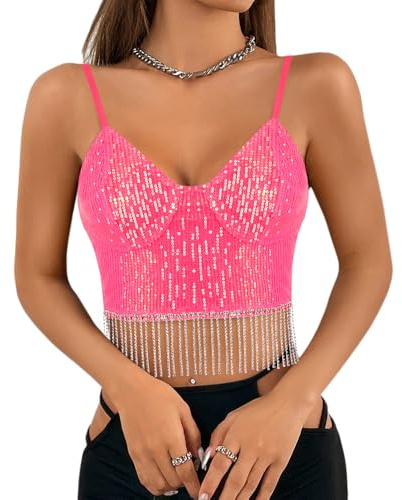 Segreto damer glitter paljetter linne ärmlös spagettiremmar sexig crop top axelbandstopp festival party klubb camisole, Rosa paljetttofs, S