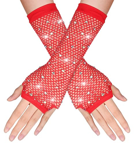 Gants Longs Rouge en Résille Sans Doigts pour Femmes avec Strass Gants D'opéra de Mode Brillants pour les Années 80 Costume Party Halloween Cosplay Fournitures