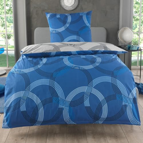 MALIKA Bettwäsche 135x200 Baumwolle, 2-teiliges Set, Kreismuster, Wende Bettbezug 135 x 200 cm, Kissenbezug 80x80 cm, Renforcé, atmungsaktiv, maschinenwaschbar, Blau