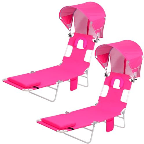Backpack Beach Tanning Lounge Chair with Face Hole Canopy Shade Umbrella for Adults Outside Reading Sunbathing Poolside Camping, UPF 50+ Sun Shade Umbrella, Pink, 2Pack