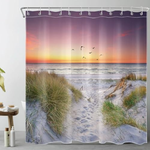 LB Tropischer Strand Duschvorhang 180x200cm(BxH) Grüne Pflanze Sommer Meer Antischimmel Wasserdicht Badezimmer Vorhänge,Sonnenuntergangs an der Küste Extra Lange Polyester Stoff Bad Vorhang mit Haken