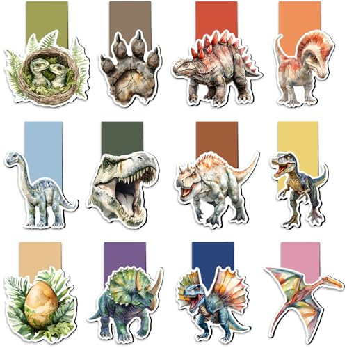 Tixlux 12 Pcs Magnetic Bookmark, Party Bag Fillers for Kids, Magnet Book Marks for Kids Women, Book Accessories for Reading Lovers Teacher Students Dinosaur Fans, School Stationery Supplies