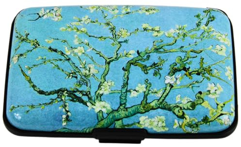 Lightweight Aluminium Card Holder with RFID Blocking, Hard Case Credit Card Wallet for Women, Slim and Sturdy Card Organizer with Expandable Pockets for Up to 6 Cards (Blue - Blossom Tree)