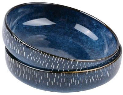 Wovella Pasta Bowls Set of 2 Premium 7 Inch Deep Round Ceramic Bowls in Beautiful Gradient Blue for Salad Soup Plates and Kitchen Tableware Dishwasher Microwave Safe