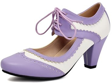 Elerhythm Women's Mary Jane Lace Up Closed Round Toe Vintage Heels 1950s Pumps 1920s Victorian 1940s Retro Shoes (Purple/White US6)