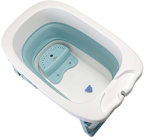 Vasca da bagno pieghevole grande per bambini, con sedile doccia, doccia XXL, piedini antiscivolo, tappo di scarico -3 in 1 (blu, 85,3 x 55,5 x 43,7 cm)