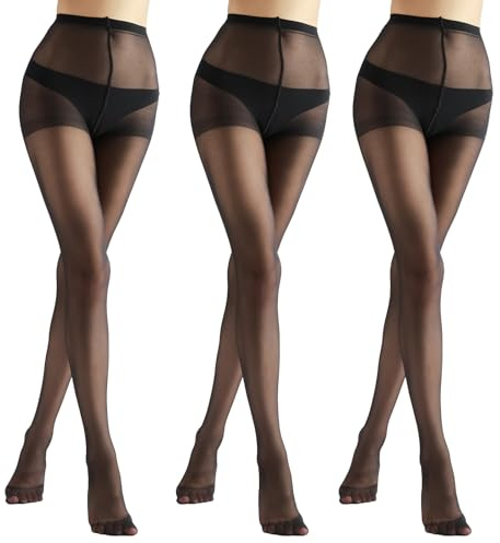 HA WA 3 Pack Tights for Women pantyhose Tights Sheer Snag Resistant with Comfort Waistband 20 Denier Black Nude Coffee(20D-YU-20NLK-B-M)
