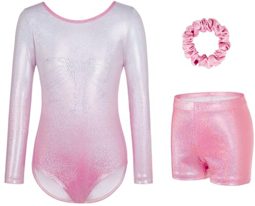 Gymnastics Leotards for Girls - Sparkling Gradient Design, Girls' Three-Piece Sleeve Gymnastics Leotard Set with Shorts for Ballet & Dance (Light Pink, Tag 8A(7-8 Years))