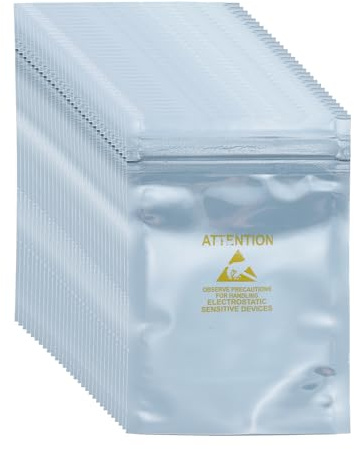 sourcing map 100 bolsas antiestáticas de 3.1 x 4.7 pulgadas, bolsa resellable de blindaje ESD con etiquetas para disco duro, disco duro, SSD, placas base de dispositivos electrónicos, gris plateado
