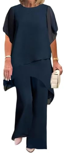 Generisch Traje de pantalón elegante para mujer, conjunto de 2 piezas, blusa de tul y gasa con pantalones, ropa de noche festiva, tallas grandes, marine, XL