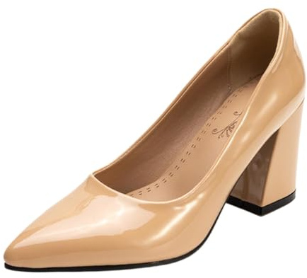 CHICMARK Escarpins à talon bloc - Talon de 8 cm et embout pointu pour femme - Aspect cuir verni au design classique - Confortable pour le bureau et les soirées, beige, 40 EU