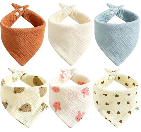 Fresilkora Lot de 6 bavoirs triangulaires pour bébé en coton avec boutons-pression réglables, bavoirs doux et absorbants pour nouveau-né
