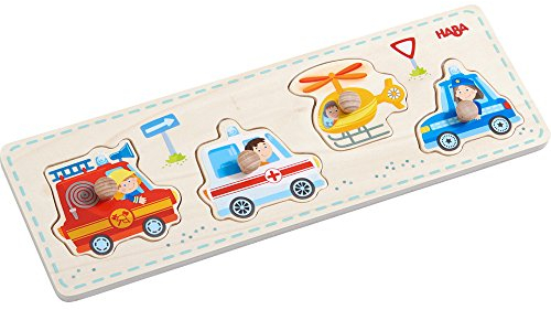 HABA 303184 Greifpuzzle Einsatzfahrzeuge, 4-teiliges Holzpuzzle mit bunten Fahrzeugmotiven, Holzspielzeug ab 12 Monaten, transparent