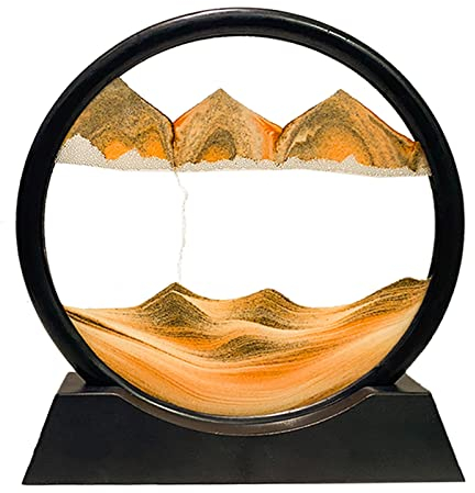Dynamisch 3D Sandbilder zum Drehen, Fließende Sandmalerei runder Glas Rahmen, Bewegtes Sandbild Natürliche Landschaft, Entspannende Dekoration für Büro Heim Desktop-Kunst (Gelb, 12)