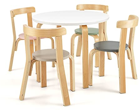 DREAMADE Kindertisch mit 4 Stühlen, Kindersitzgruppe aus Massivholz, Kindermöbel Set, Sitzgruppe für Kinder Mädchen und Jungen (Rund-Bunt)