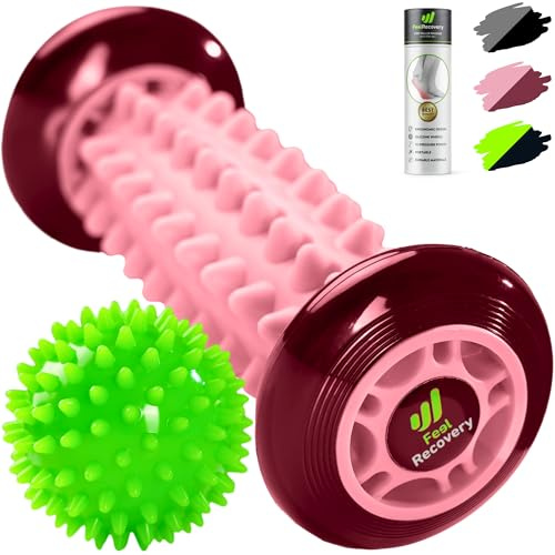 Set Rullo Massaggiatore Piedi per Fascite Plantare + Pallina a Riccio per Massaggio di Riflessologia Muscolare - Kit Agopressione per Dolore Piede, Schiena, Gambe & Cellulite (Rosa)
