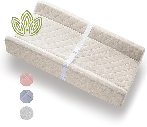 Organic Cotton Covered Contoured Baby Changing Pad | Waterproof Foam Mattress, Soft, Removable & Washable Cover, Safety Strap, Non-Slip Bottom, Topper for Standard Size Infant Diaper Table & Dresser