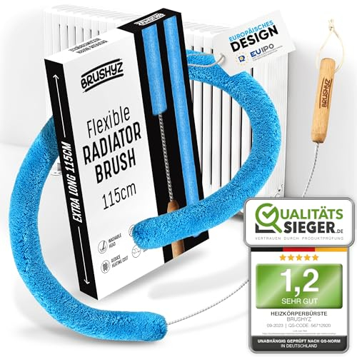 BRUSHYZ Radiator Cleaner Brush 115cm I Flexible Scratch-Free Slim Radiator Brushes for Cleaning I Soft Polyester I Radiator Duster Brush Long Thin & Washable I Fits 99% of Gridded & Non-Gridded Heater