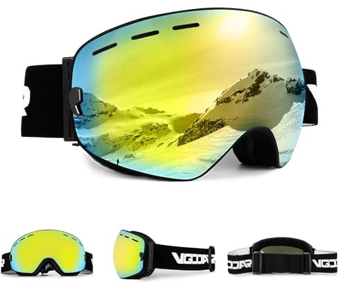 Vgooar OTG Skibrille für Herren Damen Jugend, Randlose Skibrille mit Anti-Fog-Beschichtung Doppelscheibe, 100% UV400-Schutz Ski Snowboardbrille