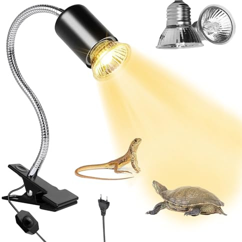 SPORWAY - Lámpara calefactora para tortugas con pinza de 50 W para terrario de reptiles con 2 bombillas UVA/UVB, lámpara de calefacción para tortugas, lagartos y arañas
