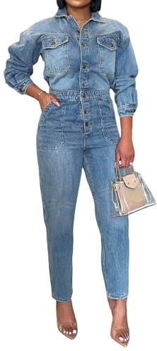 cffvdiz Mono De Mezclilla para Las Mujeres Sexy Slim Fit Manga Larga Cintura Alta Jean Jumpsuits Botón Abajo Cintura Elástica Larga Mameluco,Azul,M