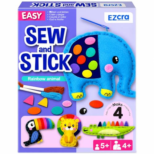 EZCRA Safari Animals Sewing Kit for Kids Ages 4-8, Elephant No-Mess Felt Craft Projects, 4 Easy Beginner Learn-to-Sew Toys for Boys and Girls