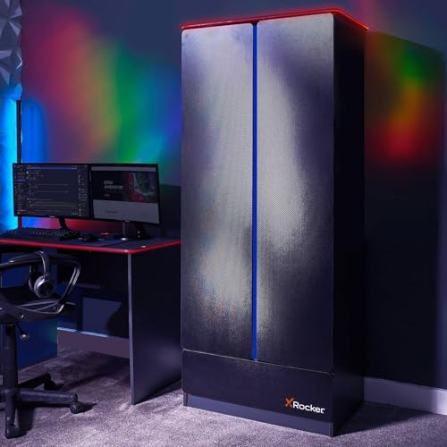 X-Rocker Carbon-Tek 180cm x 80cm, RGB LED 2 Door Wardrobe - Neo Fibre Lighting, Clothes Hanging Rail, Storage Shelf, Bottom Drawer, Durable Wooden Frame for Kids & Teens - Grey & Blue