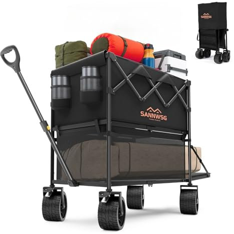 500L Doppeldeck-Faltwagen mit großen All-Terrain-Rädern, 277 kg Tragkraft, robuster Bollerwagen für Camping, Einkaufen, Strand, Garten, Schwarz
