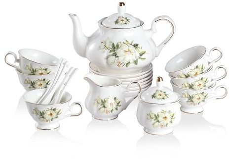 Sweejar Porcelain Tea Set Vintage Floral, British Relief Gold Rim Teapot Cup and Saucer Sets, 22-Piece Tea Sets for Adults, with Teapot, Sugar Bowl, Milk Jug, Spoons, Cup and Saucer (Camellia)