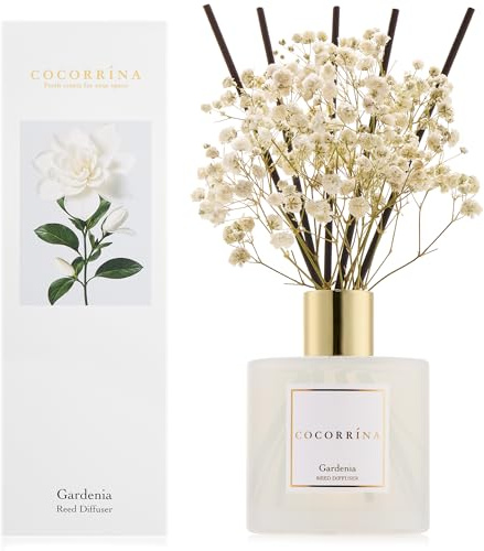 COCORRÍNA Ambientador de 200 ml con 8 varillas aromáticas, Gardenia, aceites esenciales naturales para una fragancia refrescante de larga duración, fragancia para el hogar, salón, dormitorio, cuarto