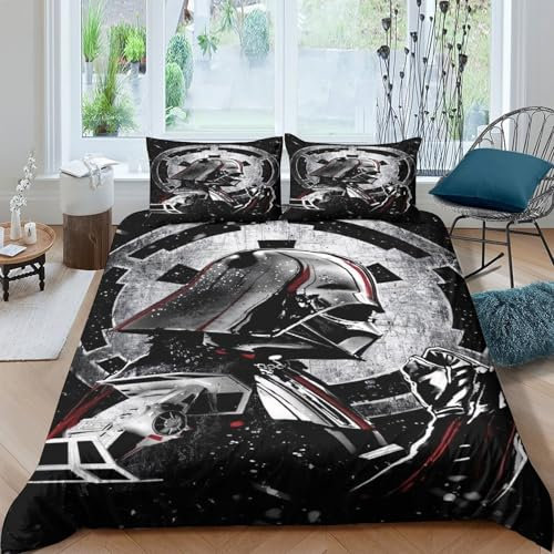 EVMILA Star Wars Bettbezug Set Mädchen Junge Kinder Bettwäschegarnitur 3D Gedruckter Darth Vader Und Kissenbezüge Weich Microfaser Reissverschluss Bettwäsche 3 Teilig Double(200x200cm)