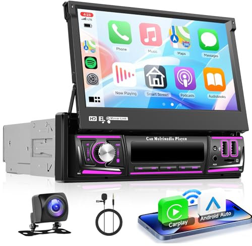VECHTEL 2+64G Android 15 Autoradio 1 Din mit Drahtlos Carplay Android Auto, 7 Zoll IPS HD Manueller Flip Touchscreen Autoradio, Unterstützung DAB+ Bluetooth FM RDS GPS Wi-Fi USB/Typ-C Rückfahrkamera